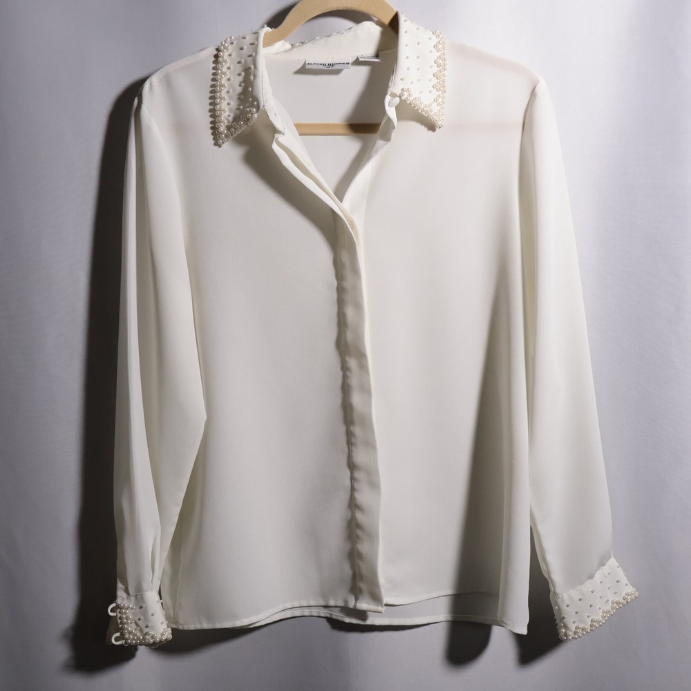 VTG White‎ Pearl Collar Long Sleeve Secretary Blouse 10 P Glamoratti Office SEE